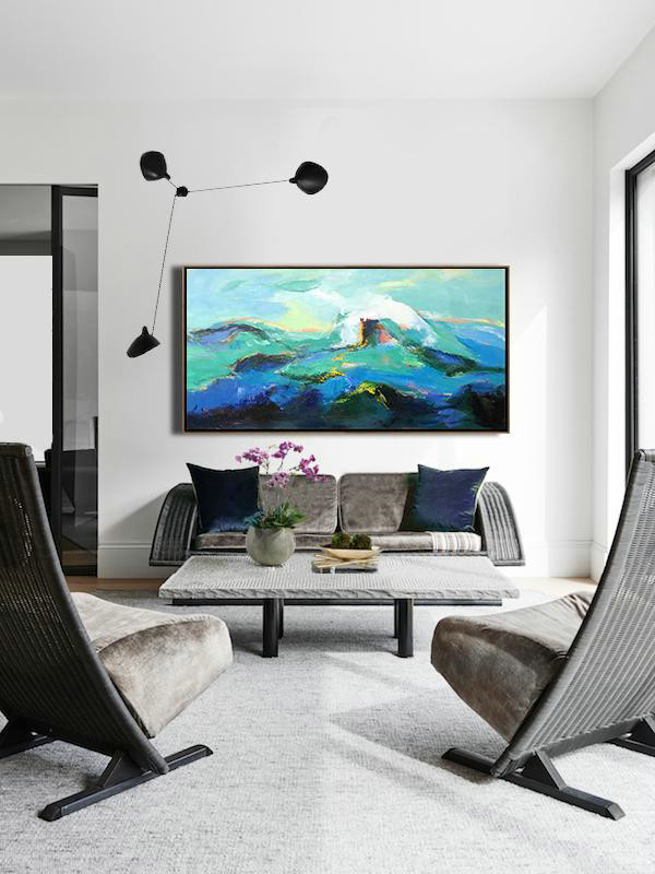 Hand Made Abstract Art,Horizontal Palette Knife Abstract Landscape Art Panoramic Canvas Painting,Large Canvas Wall Art For Sale,Blue,Green,White,Black.etc